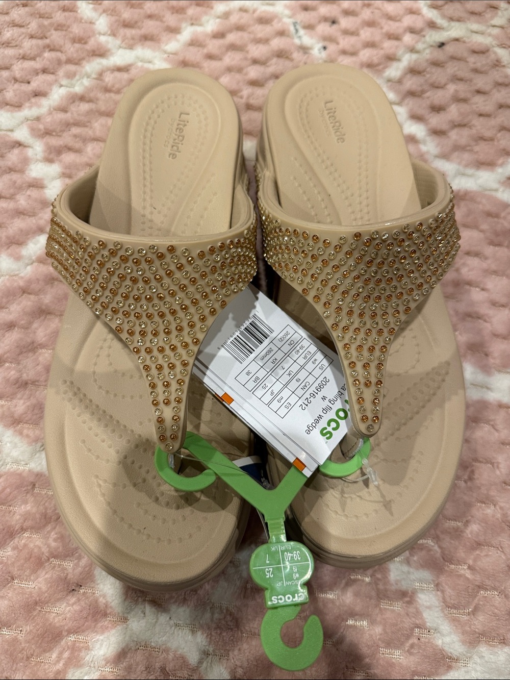 CROCS Womens Tan Jeweled T-Strap Sandals